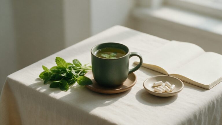 A cup of fresh mint tea with mint sprigs beside a dish of white capsules and an open blank notebook on linen