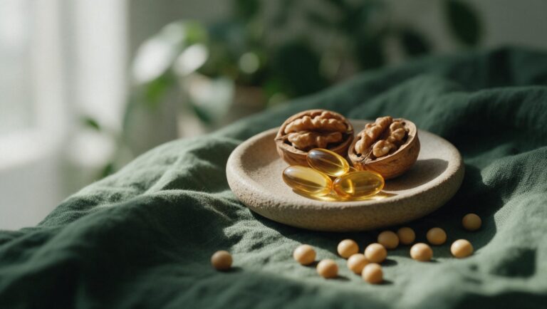 Walnut halves and amber softgels in a stone dish with soybeans on green linen