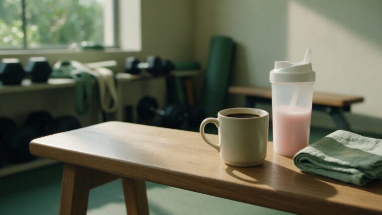 Cup of black coffee next to a shaker with a pale pink drink on a gym bench