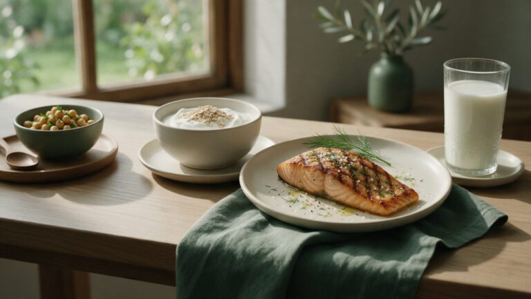 Grilled salmon, Greek yogurt with oats, a bowl of chickpeas and a glass of milk on a wooden table