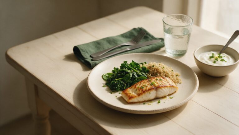 A plate of grilled fish, quinoa and greens beside a glass of water and a small bowl of Greek yogurt on a cream table