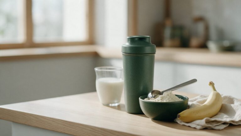 A plain green shaker bottle beside a bowl of protein powder with a steel scoop, a glass of milk and a banana on a wooden counter