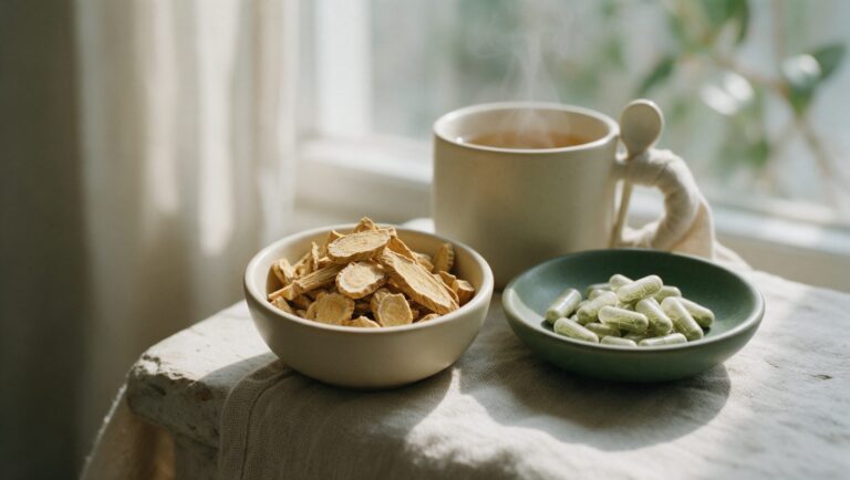 Dried golden rhodiola root pieces in a bowl beside a dish of capsules and a cup of herbal tea on pale stone