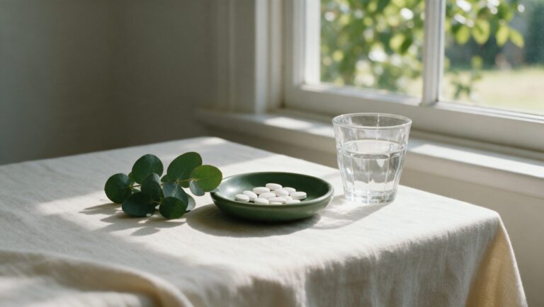 White oval tablets in a dish beside a glass of water and eucalyptus by a window