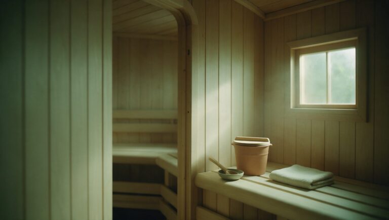 An empty cedar sauna interior with a wooden bucket and ladle, warm light through a small window