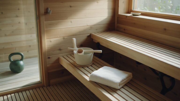 An empty wooden sauna with cedar benches, a towel and a bucket, with a kettlebell on the floor outside the glass door