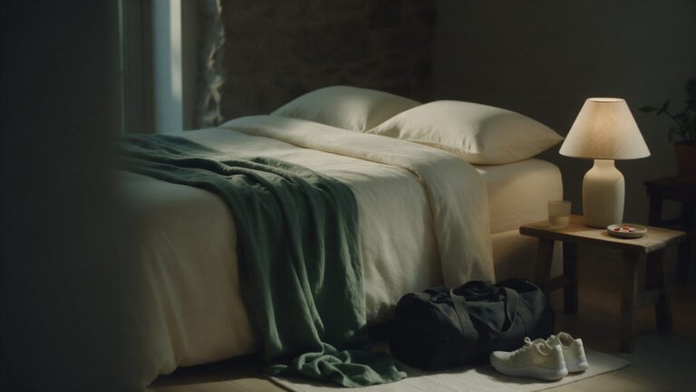 A dim bedroom at night with a made bed, a sports bag and running shoes on the floor and a glass of water and capsules on the nightstand