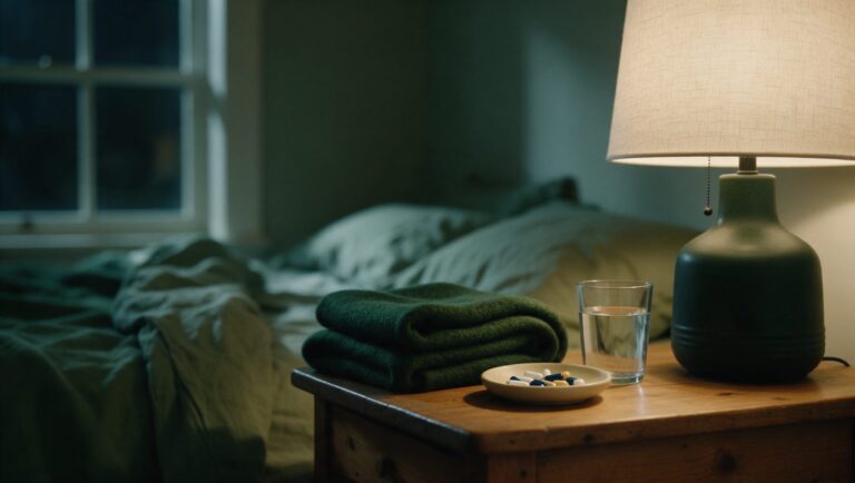 A bedside table at night with a low lamp, a glass of water, a dish of capsules and a folded wool blanket