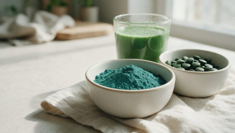 Bowls of blue-green spirulina powder and dark green tablets beside a green smoothie