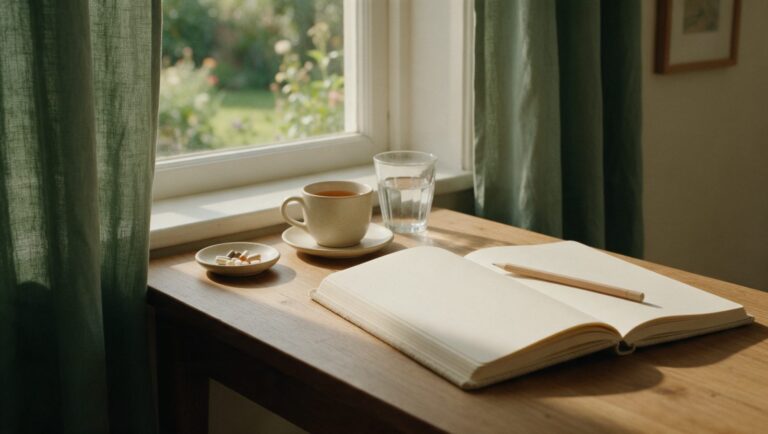 An open blank notebook, a pencil, a cup of tea, a glass of water and a dish of capsules on a wooden desk by a window