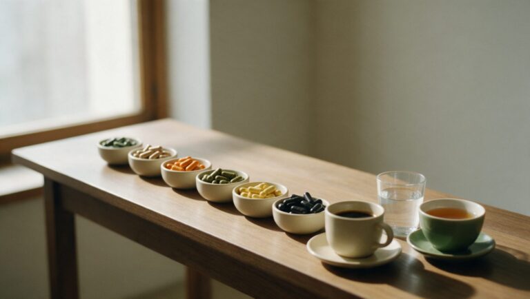 Small dishes of different capsules in a row from left to right with a cup of coffee, a glass of water and a cup of herbal tea along a long wooden table