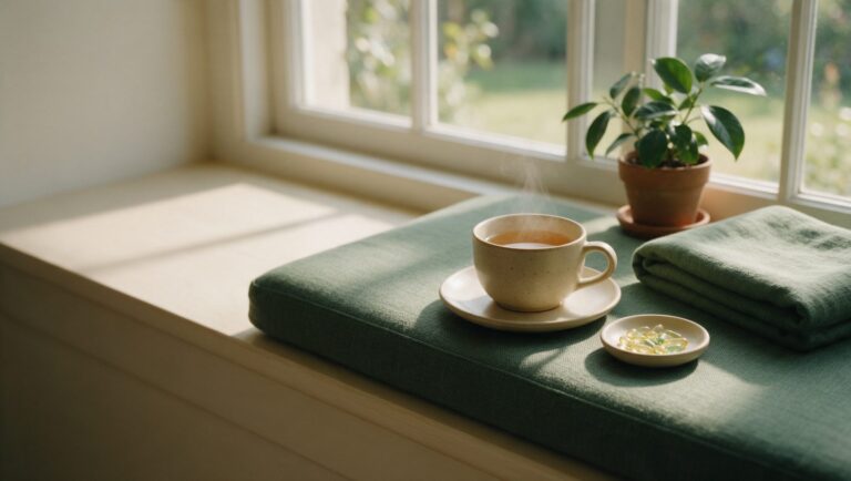 A calm morning still life: a cup of tea, a small dish of capsules and a folded blanket on a sunny window seat with a potted plant