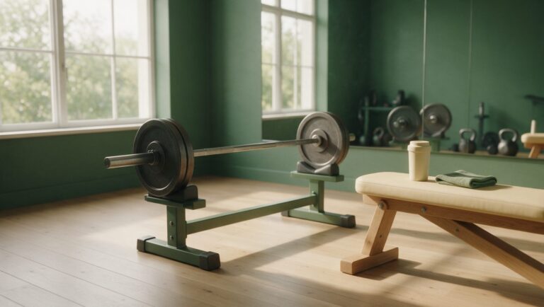 A steel barbell resting on a rack in a quiet home gym with a shaker and a small towel on a bench