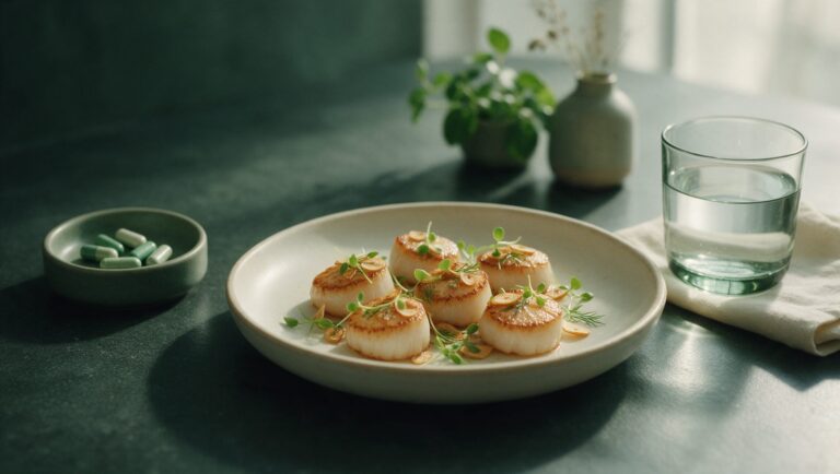 Capsules in a small dish beside a plate of seared scallops and a glass of water on a dark stone surface