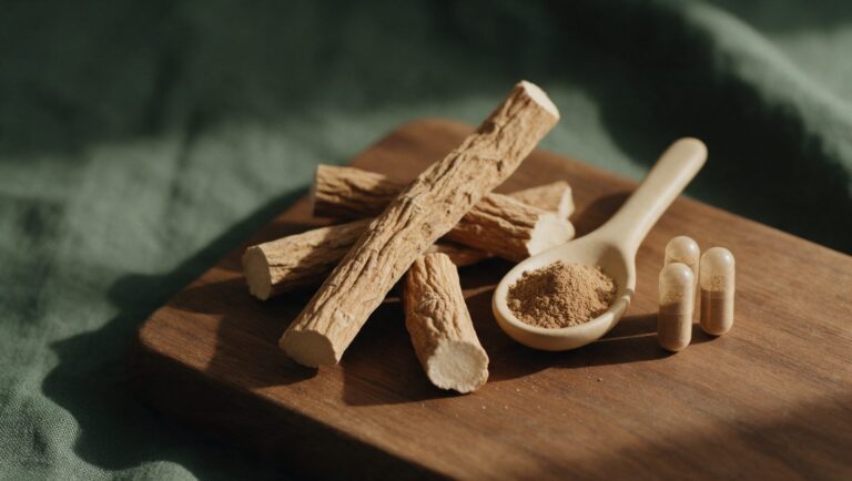 Dried tongkat ali root pieces with a spoon of root powder and capsules
