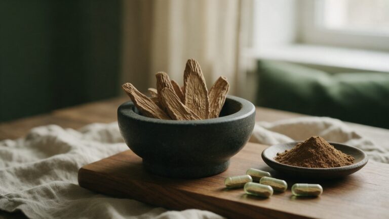 Dried tongkat ali root slices in a stone mortar with root powder and capsules