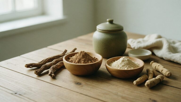 Bowls of tongkat ali and ashwagandha root powder with the dried roots