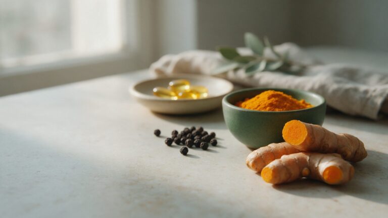 Fresh turmeric roots, a bowl of orange turmeric powder, black peppercorns and a dish of golden capsules on pale stone