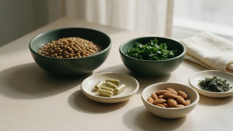Bowls of cooked lentils and chopped kale beside almonds, dried seaweed flakes and a dish of green capsules