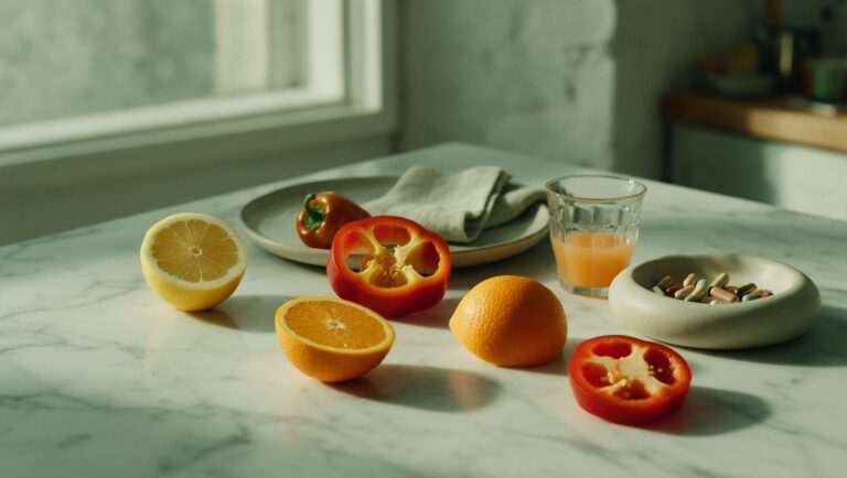 Halved lemons and oranges and a sliced red pepper beside a small glass of orange juice and a dish of capsules on marble