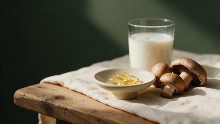 Golden softgel capsules in a small dish beside fresh brown mushrooms and a glass of milk
