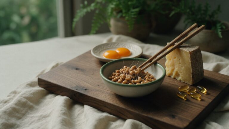 A bowl of natto with chopsticks, a wedge of aged cheese, two egg yolks and golden softgels on a dark board