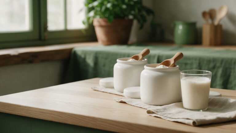 Two plain white jars of protein powder with wooden scoops beside a glass of milky shake