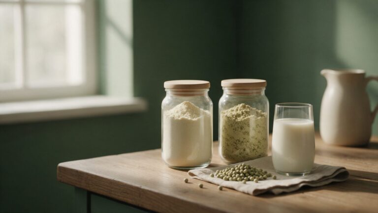 Jars of whey and pea protein powder with dried peas and a glass of milk