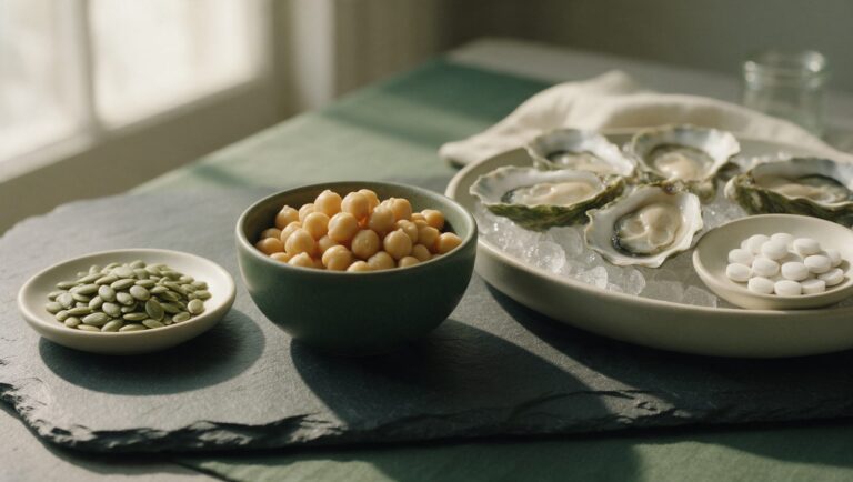 Pumpkin seeds, cooked chickpeas, fresh oysters on ice and a dish of white tablets on a dark slate surface