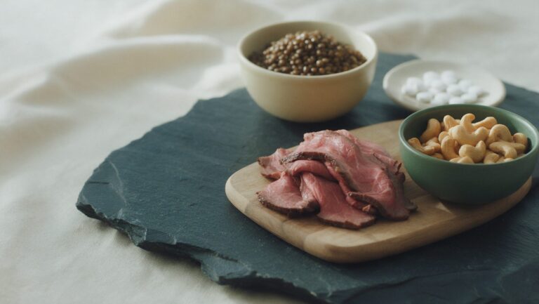 Sliced cooked beef, a bowl of cashews, a bowl of cooked lentils and a small dish of white tablets on dark slate