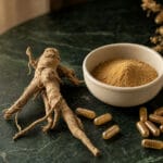 Best Ashwagandha Supplement 2026: KSM-66 vs Sensoril Ashwagandha root, a bowl of powder and supplement capsules on a dark stone surface