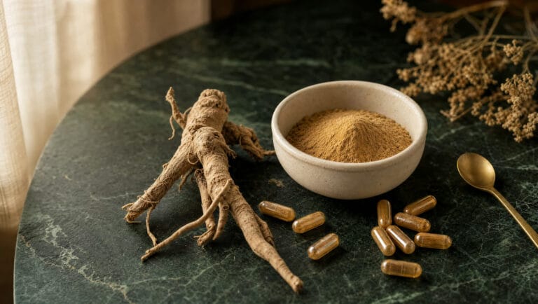 Ashwagandha root, a bowl of powder and supplement capsules on a dark stone surface