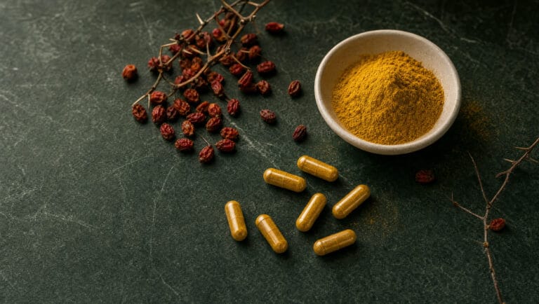 Golden berberine capsules with dried barberry berries and yellow powder