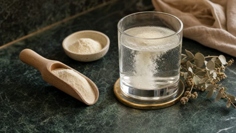 Collagen peptide powder in a wooden scoop with a glass of water