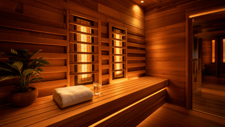 Warm cedar infrared sauna interior with glowing panels