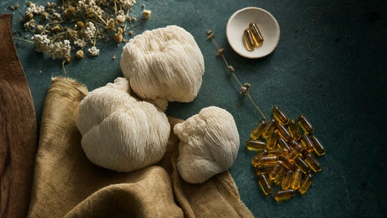 Fresh lion's mane mushrooms beside amber supplement capsules on a dark stone surface