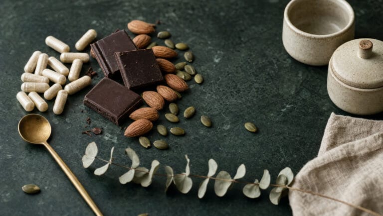 Magnesium capsules with dark chocolate, almonds and pumpkin seeds