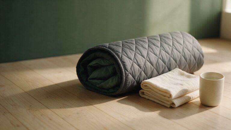 A rolled dark gray quilted sauna blanket on a light wooden floor beside a folded cream towel and a glass of water