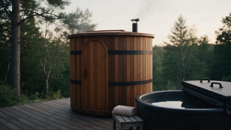 An upright wooden barrel sauna beside a black cold plunge tub with its lid open on a wooden deck at dusk