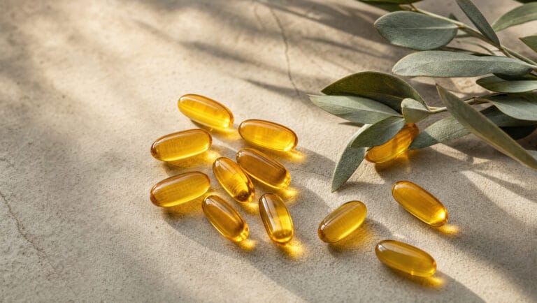 Golden vitamin D3 softgel capsules in warm sunlight with green leaves