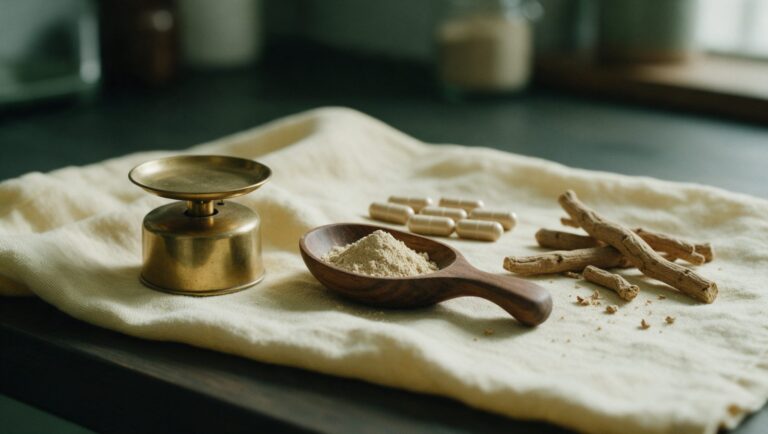 Ashwagandha capsules, root powder in a wooden scoop and a small brass scale