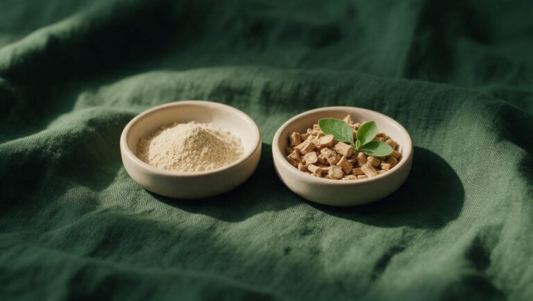 Two ceramic dishes with ashwagandha root powder and chopped dried roots with green leaves on green linen
