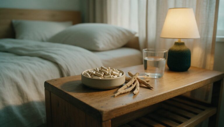 Ashwagandha capsules and dried roots on a bedside table next to a glass of water and a lamp