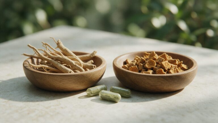 Dried ashwagandha roots and rhodiola root pieces in two wooden bowls