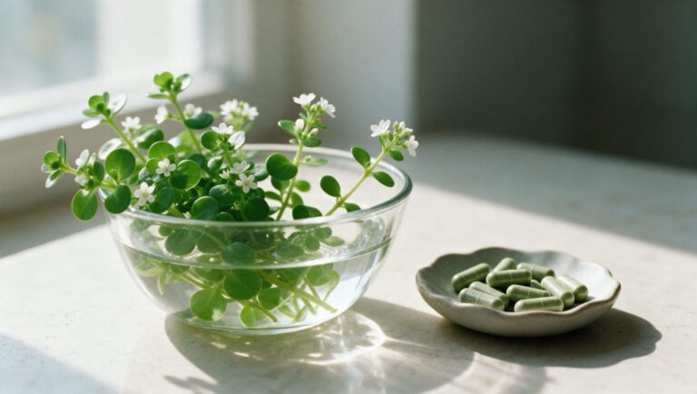 Fresh bacopa sprigs with small round leaves and white flowers in a glass bowl beside a dish of green capsules