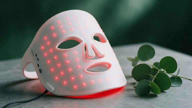 White LED skincare face mask with a grid of glowing red LEDs on grey stone next to eucalyptus