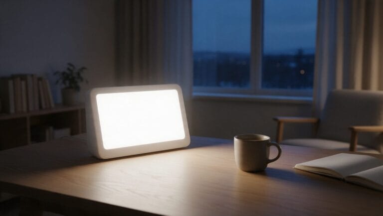 White light therapy lamp glowing on a wooden desk next to a mug and a notebook on a dark winter morning