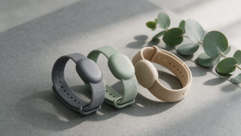 Three screenless fitness tracker bands with charcoal, sage green and sand knit straps on grey stone next to eucalyptus