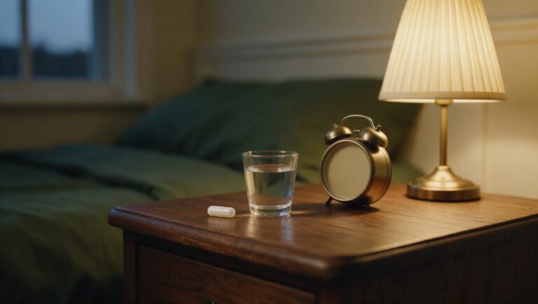 A magnesium capsule and a glass of water on a nightstand beside an alarm clock and a lamp