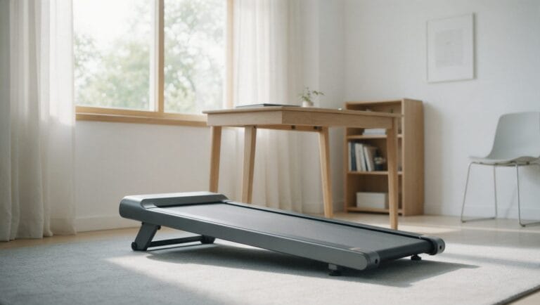 Slim grey walking pad treadmill with its front raised for incline on a rug in a bright home office, next to a wooden desk